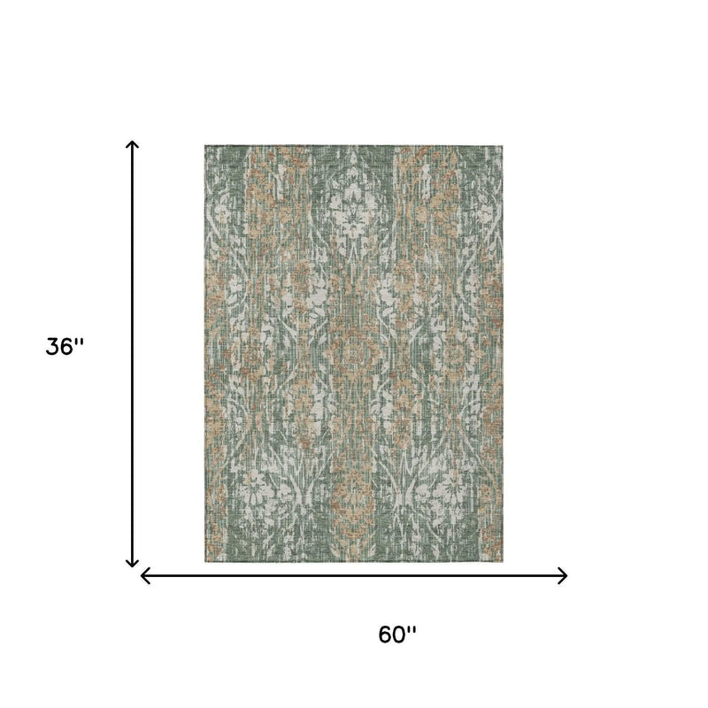 3' X 5' Green And Sage Damask Washable Indoor Outdoor Area Rug Homeroots Outdoor