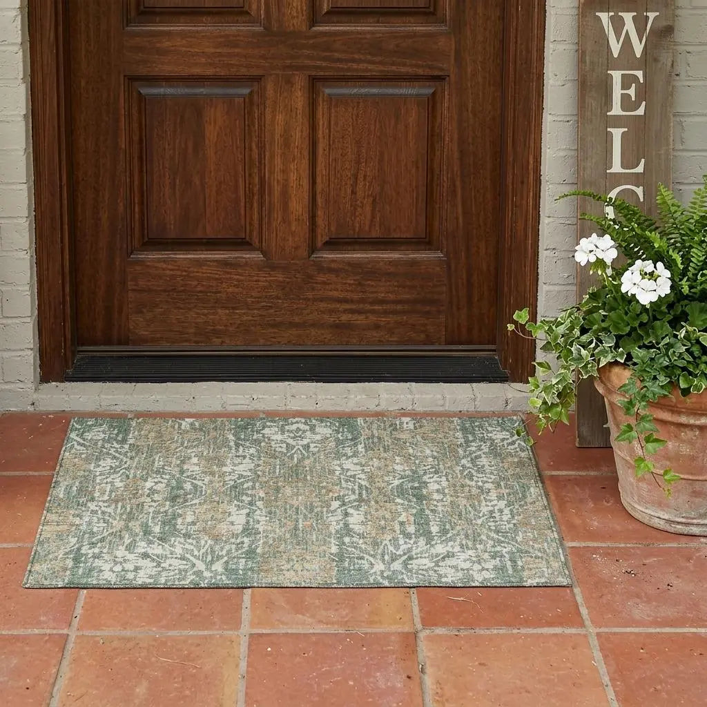 3' X 5' Green And Sage Damask Washable Indoor Outdoor Area Rug Homeroots Outdoor