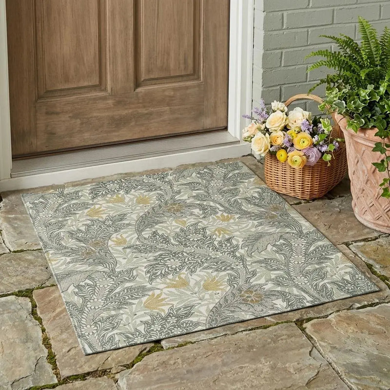 3' X 5' Green And Silver Botanical Leaves Washable Indoor Outdoor Area Rug Homeroots Outdoor