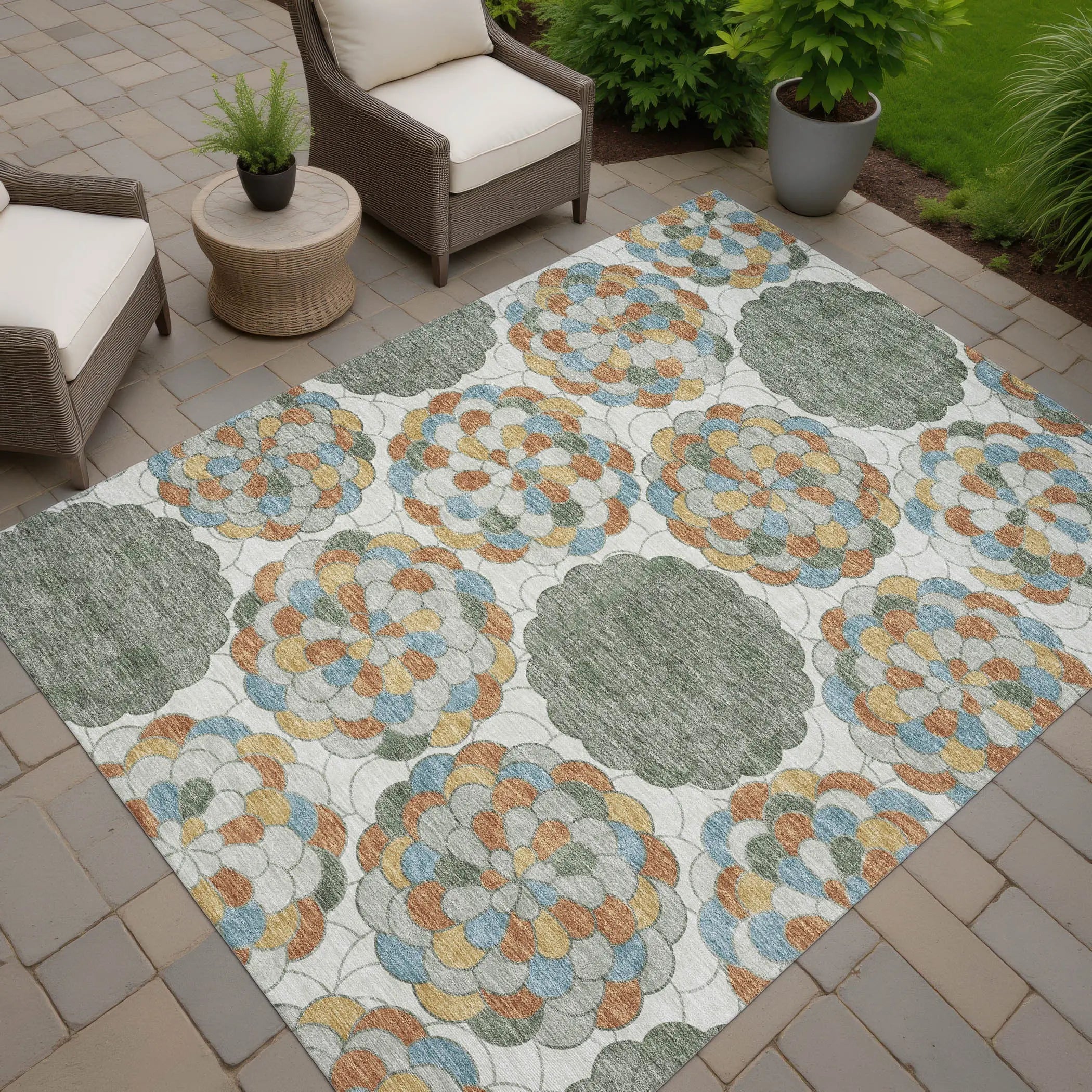 3' X 5' Green And Silver Floral Washable Indoor Outdoor Area Rug Homeroots Outdoor