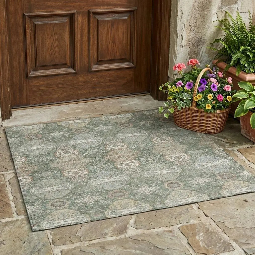 3' X 5' Green And Silver Floral Washable Indoor Outdoor Area Rug Homeroots Outdoor