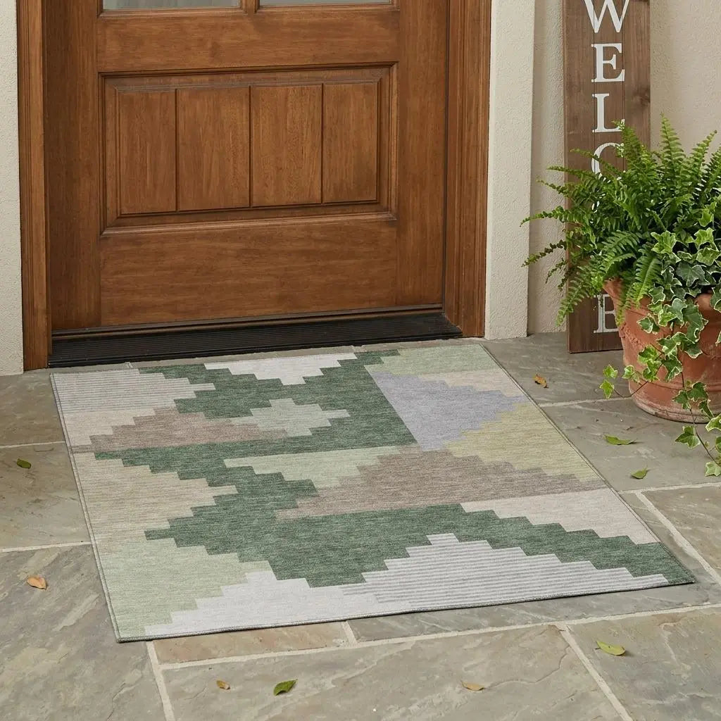 3' X 5' Green And Silver Geometric Washable Indoor Outdoor Area Rug Homeroots Outdoor