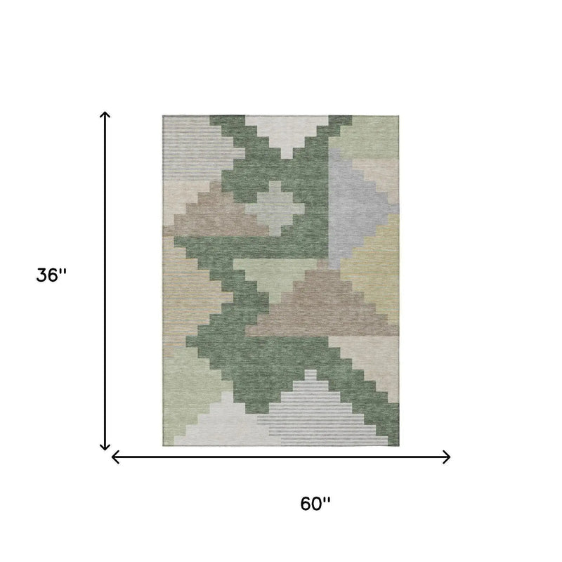 3' X 5' Green And Silver Geometric Washable Indoor Outdoor Area Rug Homeroots Outdoor