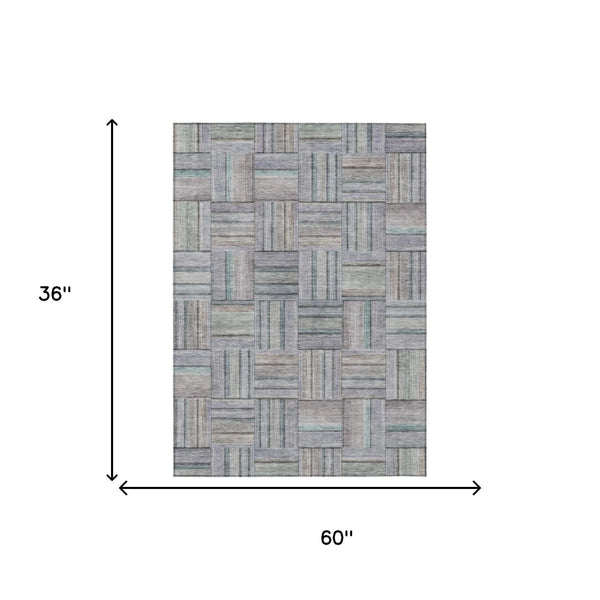 3' X 5' Green And Silver Geometric Washable Indoor Outdoor Area Rug Homeroots Outdoor