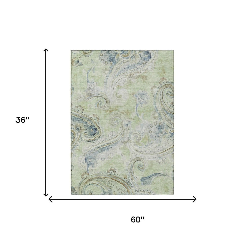 3' X 5' Green And Silver Paisley Washable Indoor Outdoor Area Rug Homeroots Outdoor