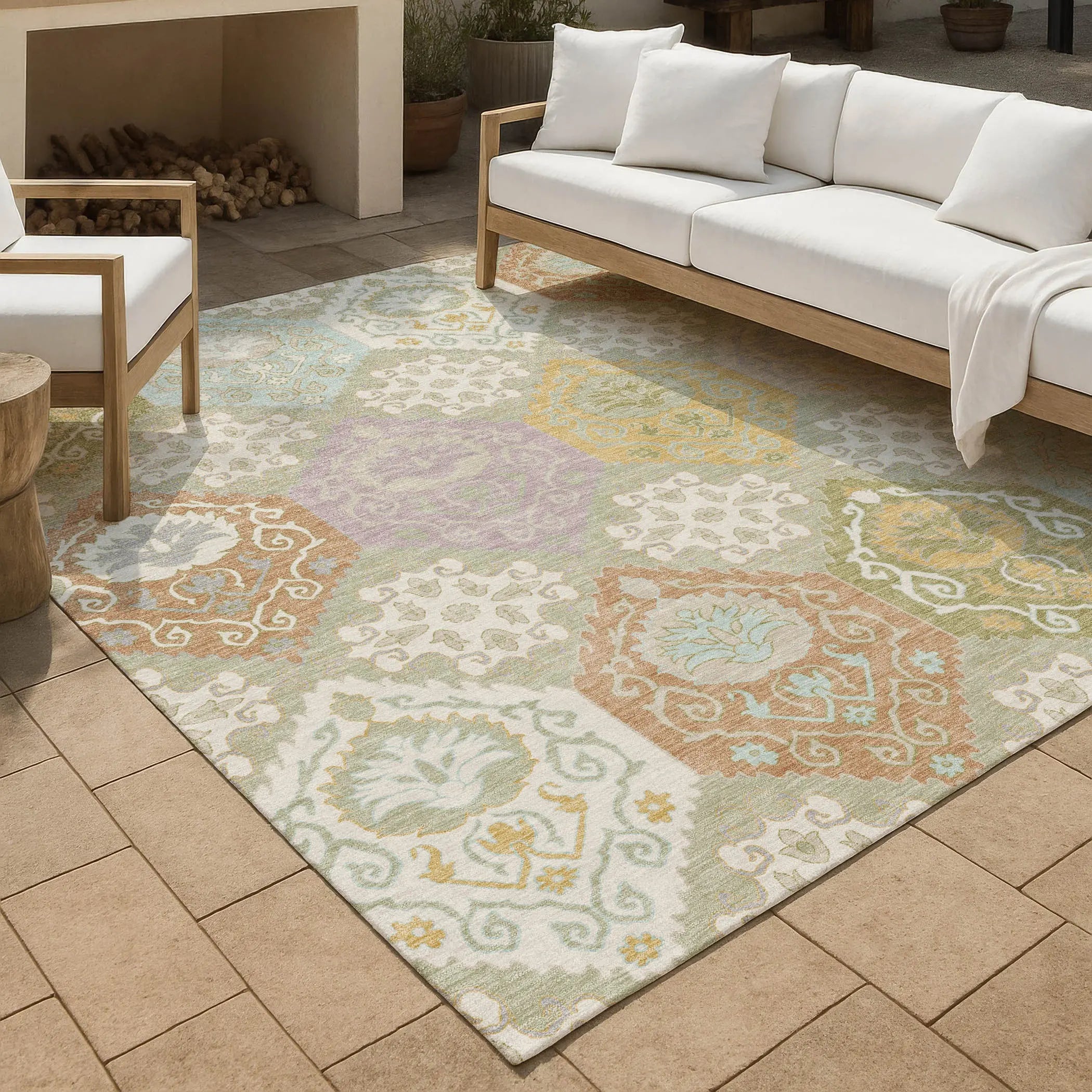 3' X 5' Green And Sky Blue Geometric Washable Indoor Outdoor Area Rug Homeroots Outdoor