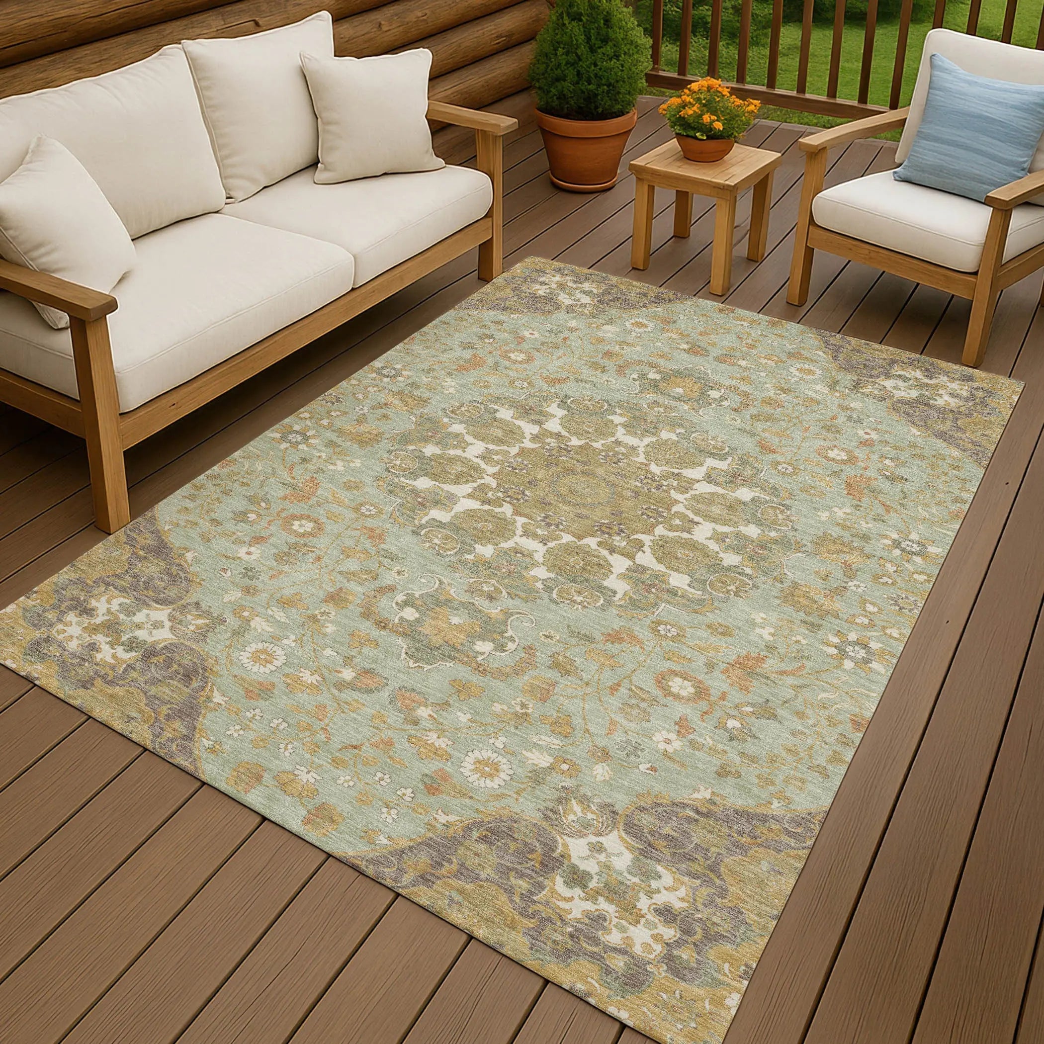3' X 5' Green And Taupe Damask Washable Indoor Outdoor Area Rug Homeroots Outdoor