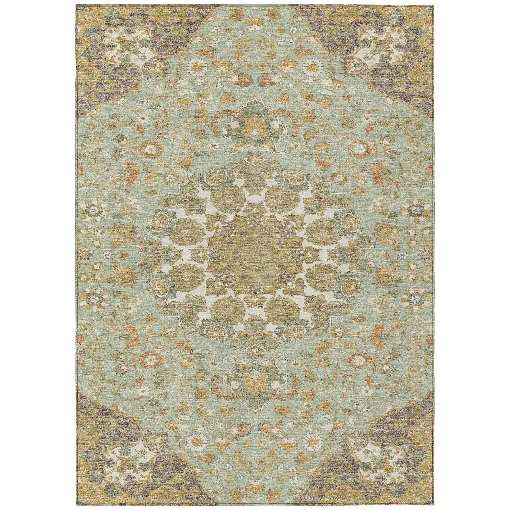 3' X 5' Green And Taupe Damask Washable Indoor Outdoor Area Rug Homeroots Outdoor