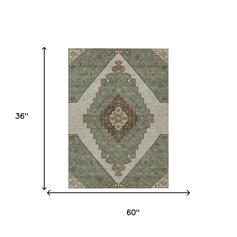 3' X 5' Green And Taupe Geometric Washable Indoor Outdoor Area Rug Homeroots Outdoor