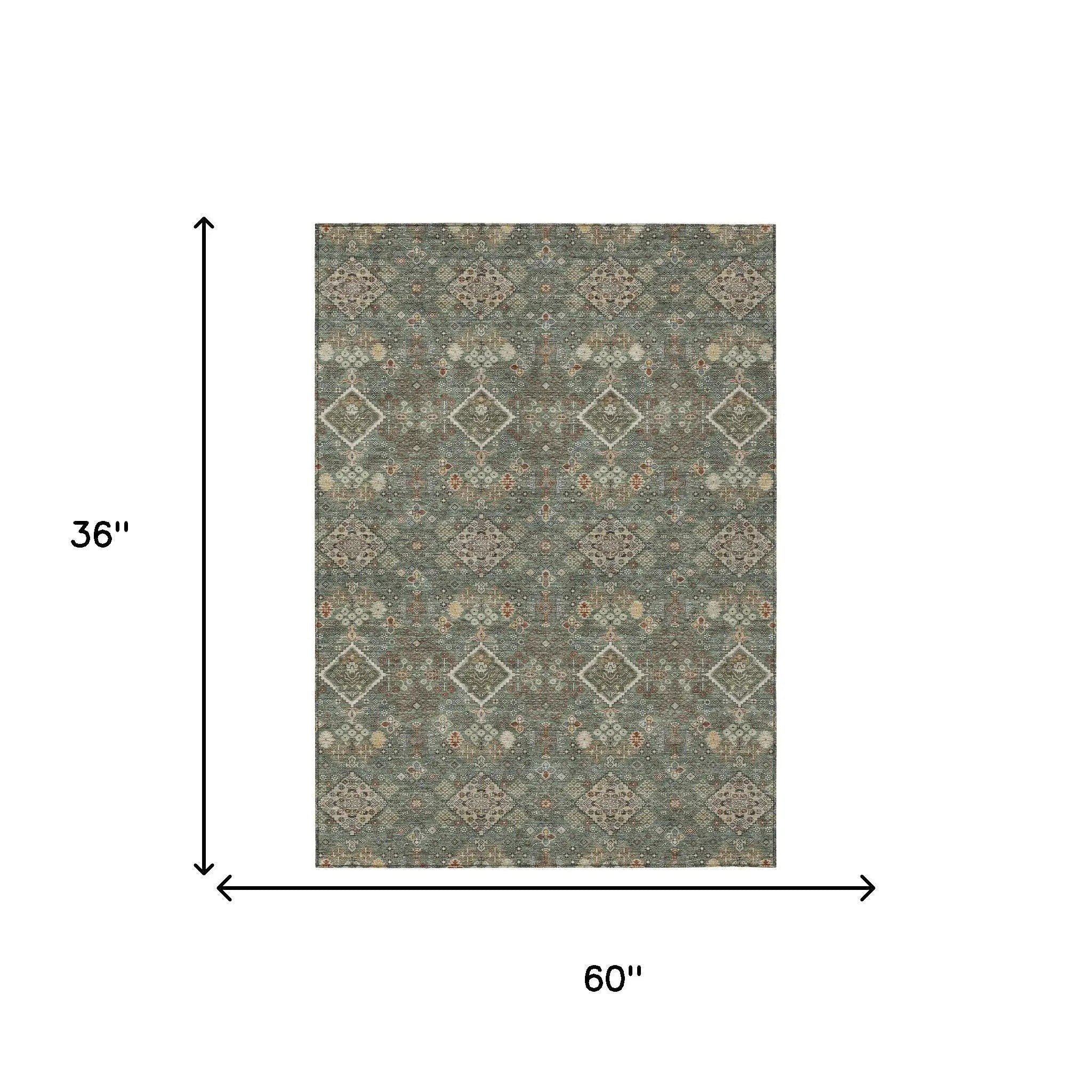 3' X 5' Green And Taupe Geometric Washable Indoor Outdoor Area Rug Homeroots Outdoor
