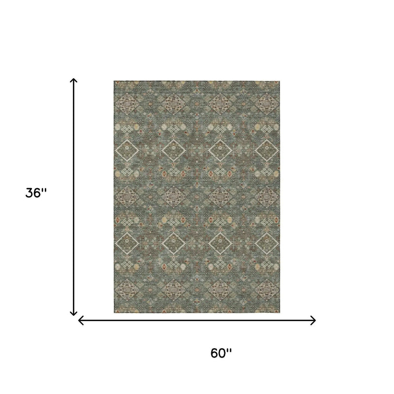3' X 5' Green And Taupe Geometric Washable Indoor Outdoor Area Rug Homeroots Outdoor