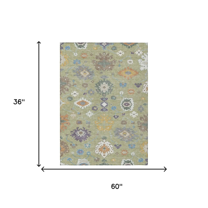 3' X 5' Green And Taupe Oriental Washable Indoor Outdoor Area Rug Homeroots Outdoor