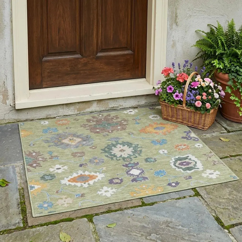 3' X 5' Green And Taupe Oriental Washable Indoor Outdoor Area Rug Homeroots Outdoor