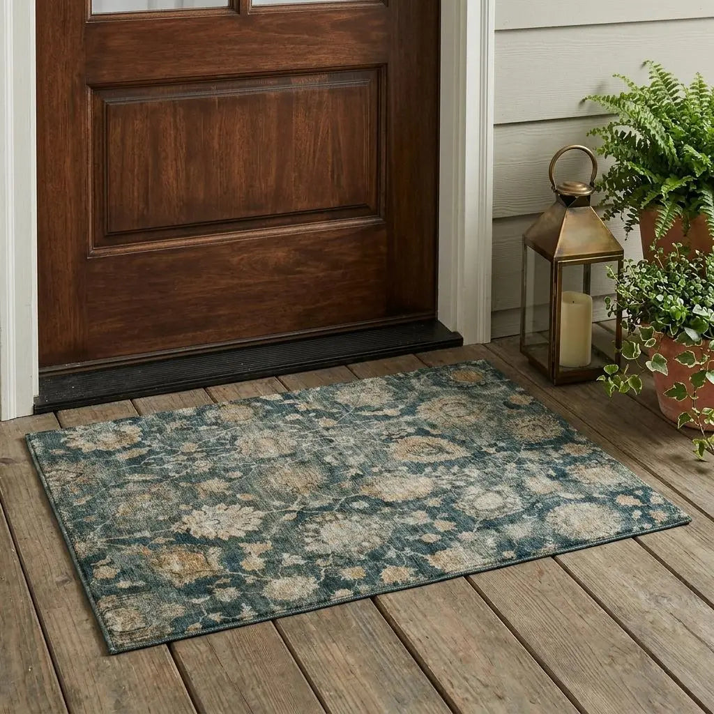 3' X 5' Green And Teal Blue Botanical Leaves Washable Indoor Outdoor Area Rug Homeroots Outdoor