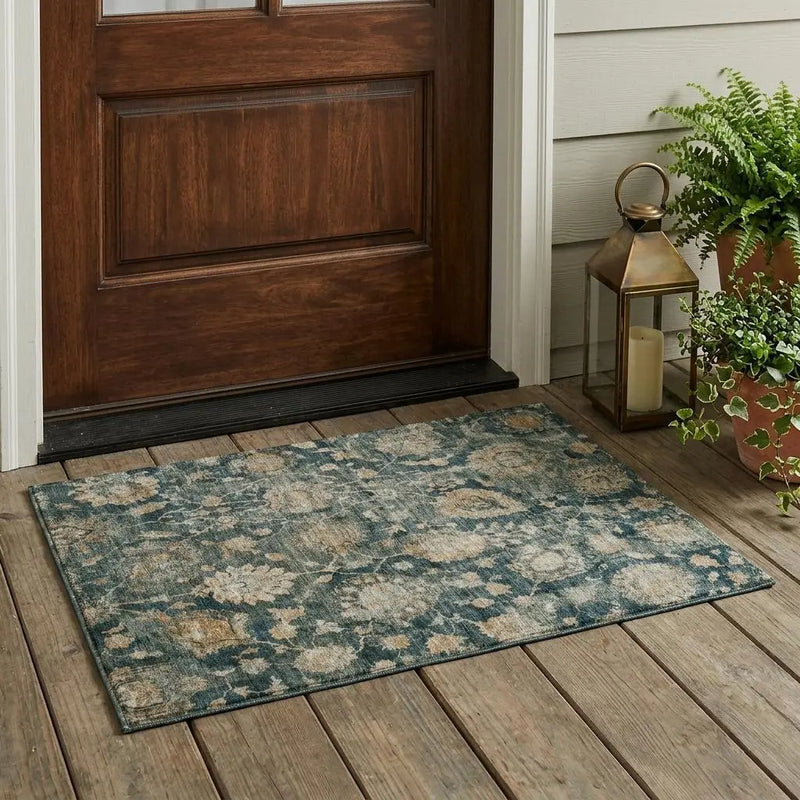 3' X 5' Green And Teal Blue Botanical Leaves Washable Indoor Outdoor Area Rug Homeroots Outdoor