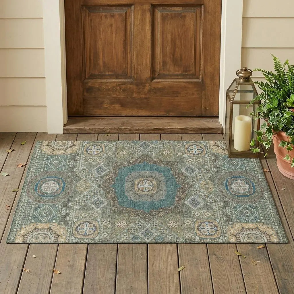 3' X 5' Green And Teal Blue Oriental Washable Indoor Outdoor Area Rug Homeroots Outdoor