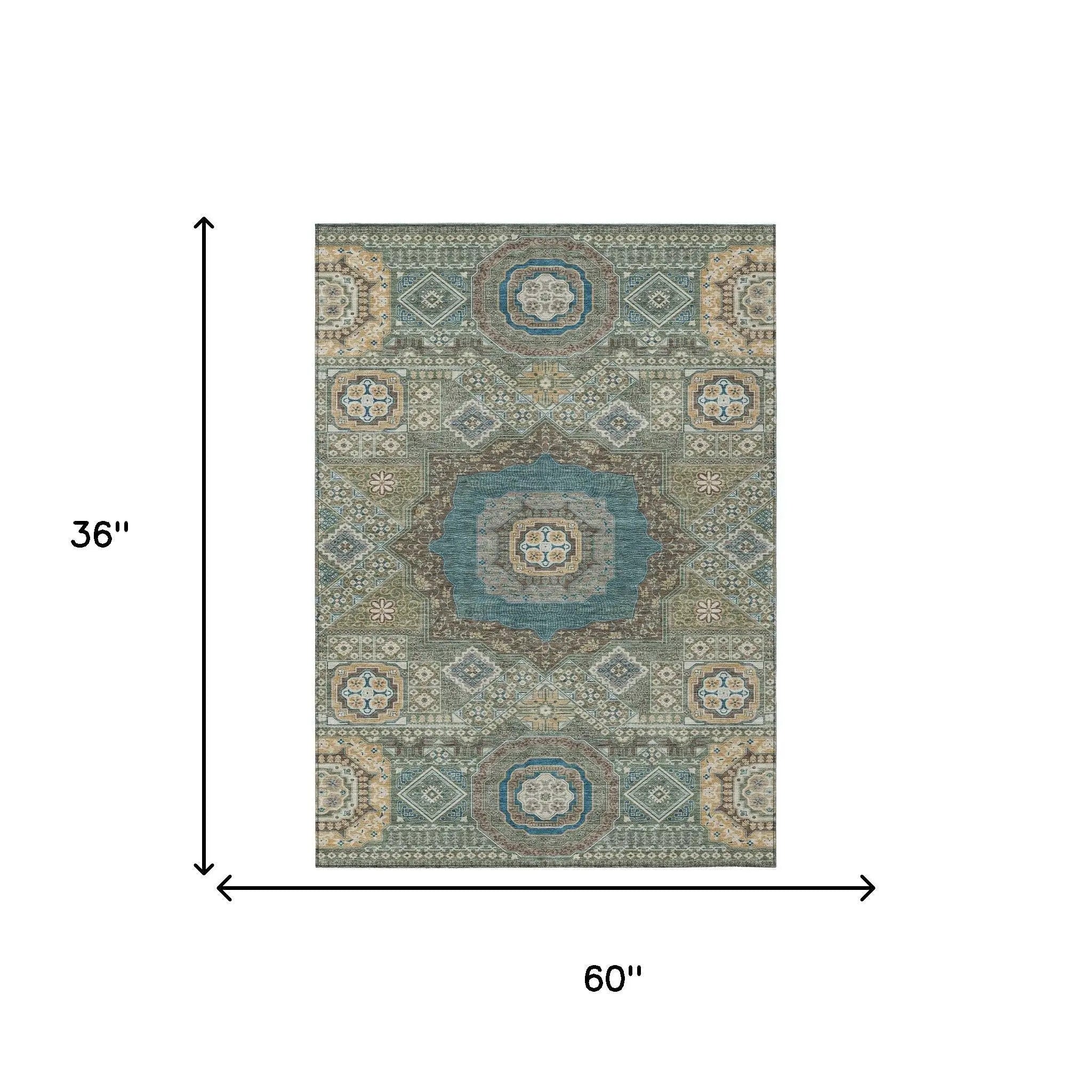 3' X 5' Green And Teal Blue Oriental Washable Indoor Outdoor Area Rug Homeroots Outdoor