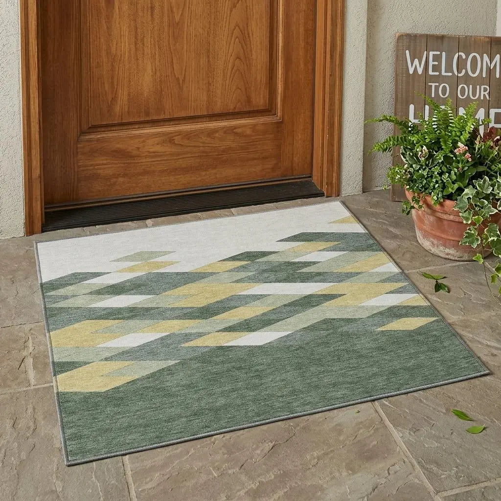 3' X 5' Green And Wheat Geometric Washable Indoor Outdoor Area Rug Homeroots Outdoor
