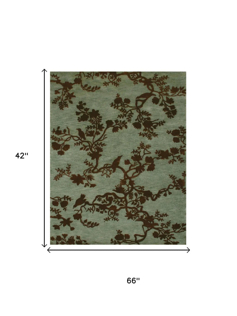 3' X 5' Green Blue And Brown Wool Floral Hand Knotted Area Rug Homeroots Home Decor