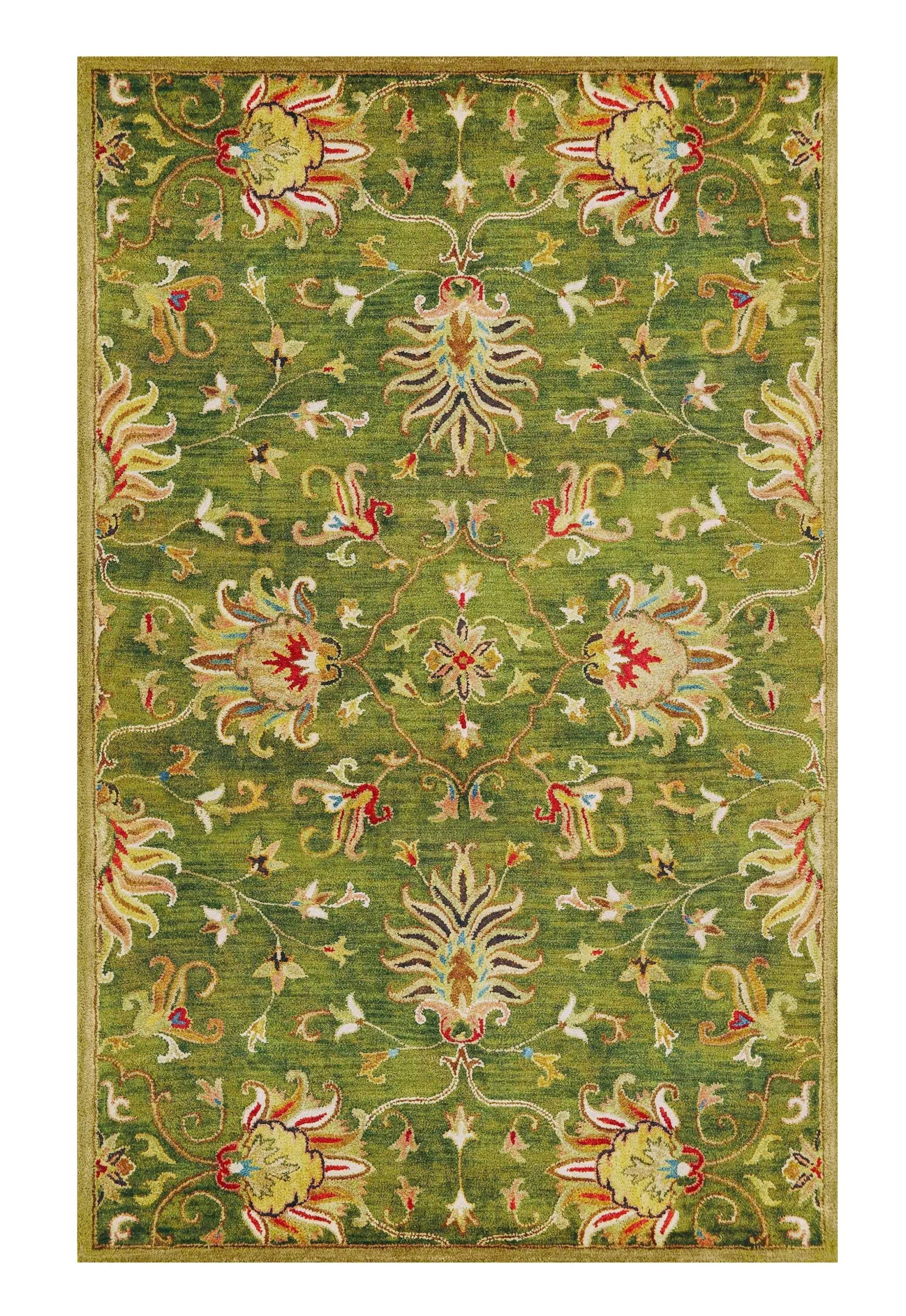 3' X 5' Green Red And Ivory New Zealand Lambs Wool Floral Medallion Hand Tufted Area Rug Homeroots Home Decor
