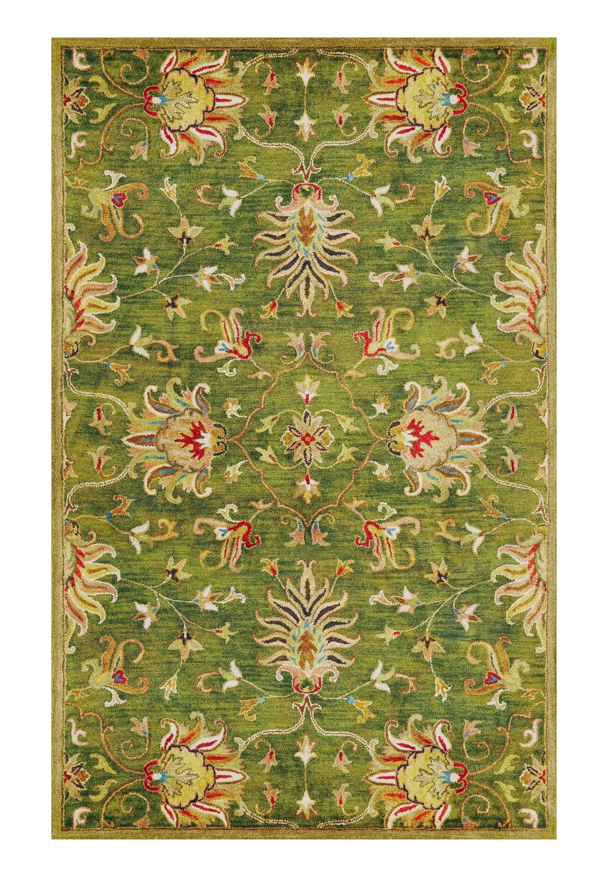 3' X 5' Green Red And Ivory New Zealand Lambs Wool Floral Medallion Hand Tufted Area Rug Homeroots Home Decor