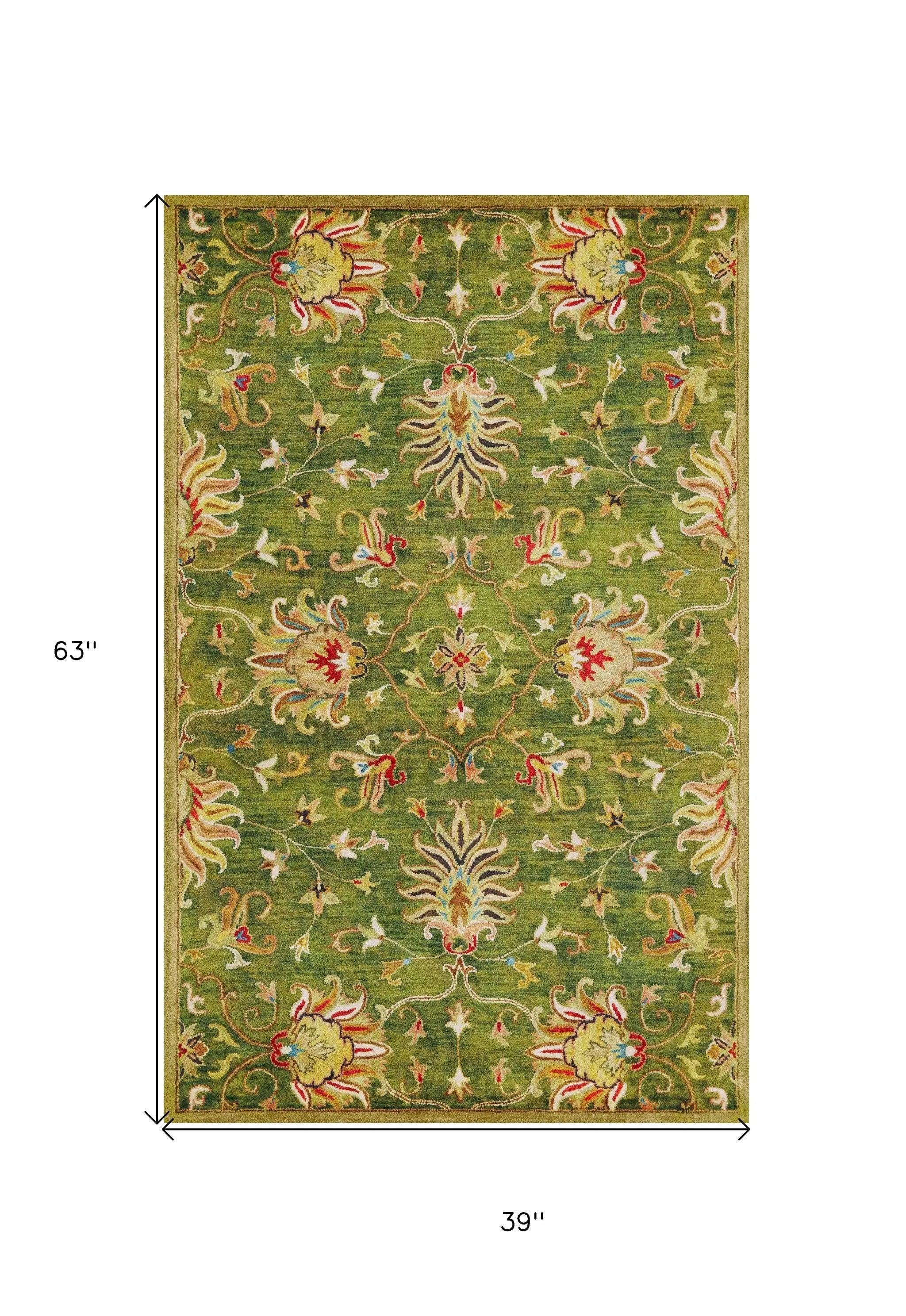 3' X 5' Green Red And Ivory New Zealand Lambs Wool Floral Medallion Hand Tufted Area Rug Homeroots Home Decor