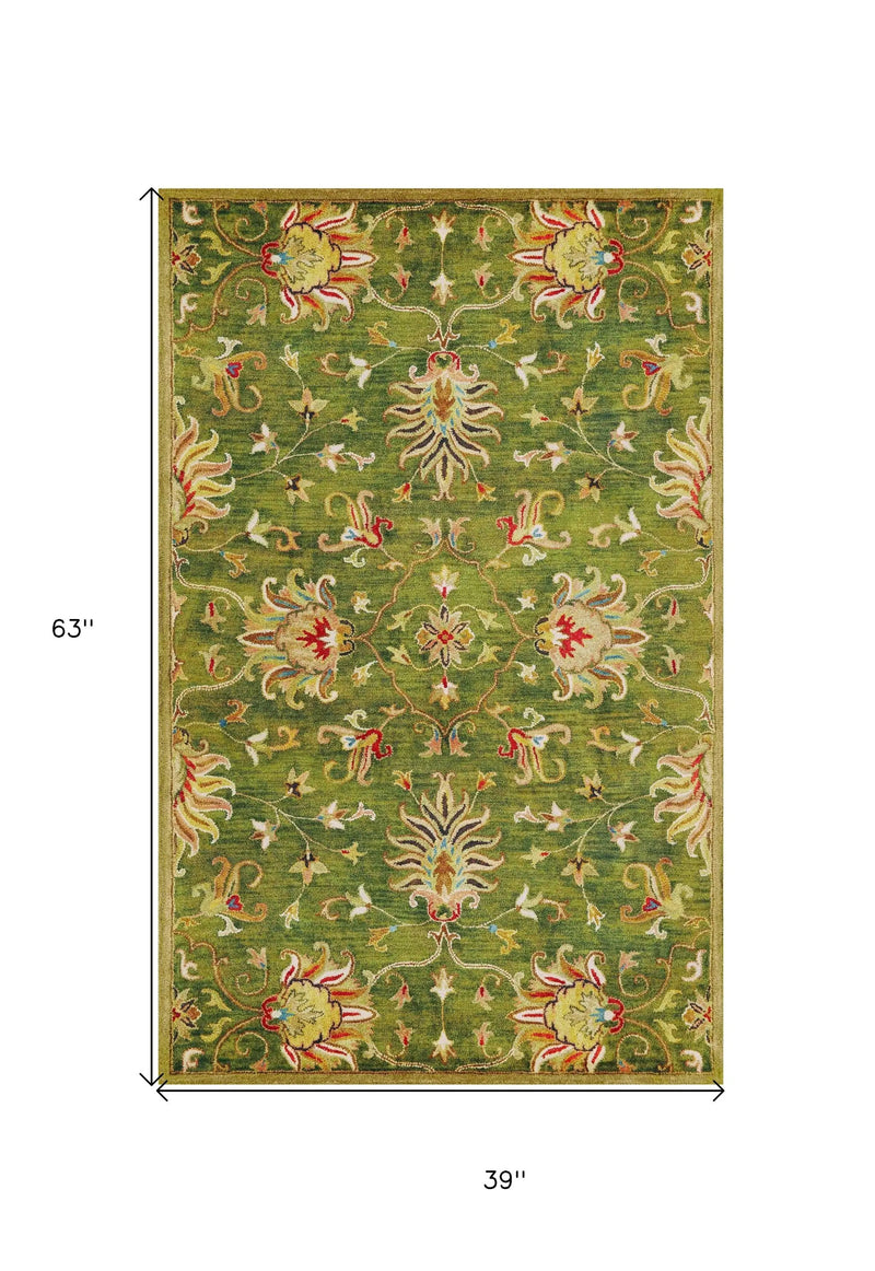 3' X 5' Green Red And Ivory New Zealand Lambs Wool Floral Medallion Hand Tufted Area Rug Homeroots Home Decor