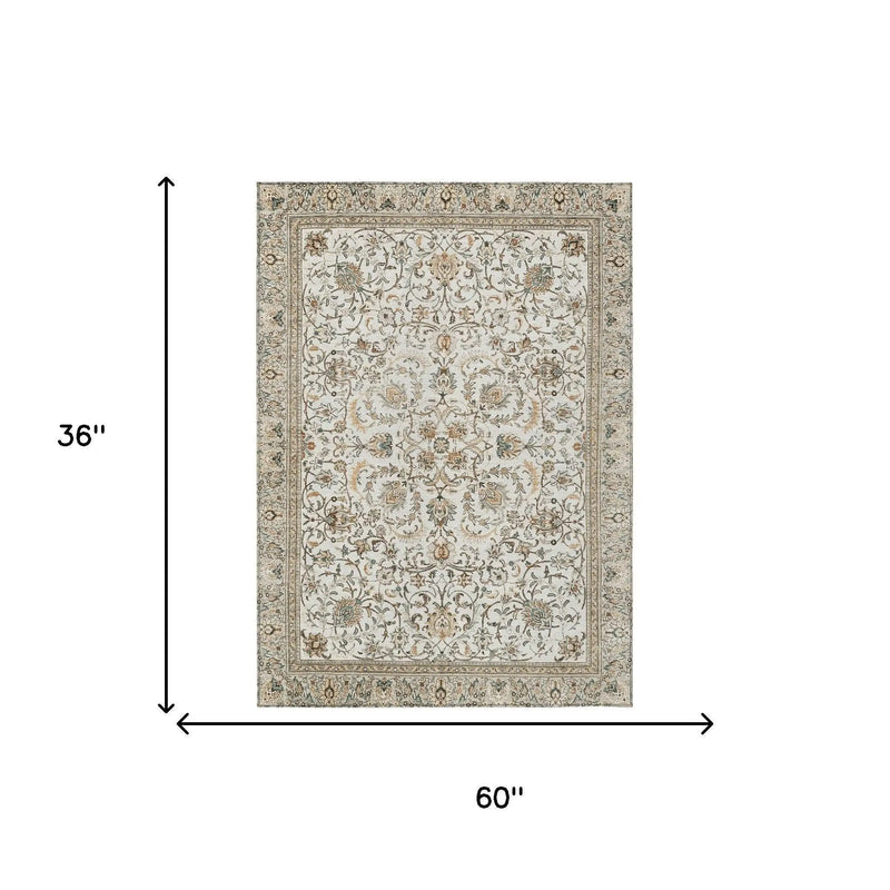 3' X 5' Ivory And Beige Botanical Leaves Washable Indoor Outdoor Area Rug Homeroots Outdoor