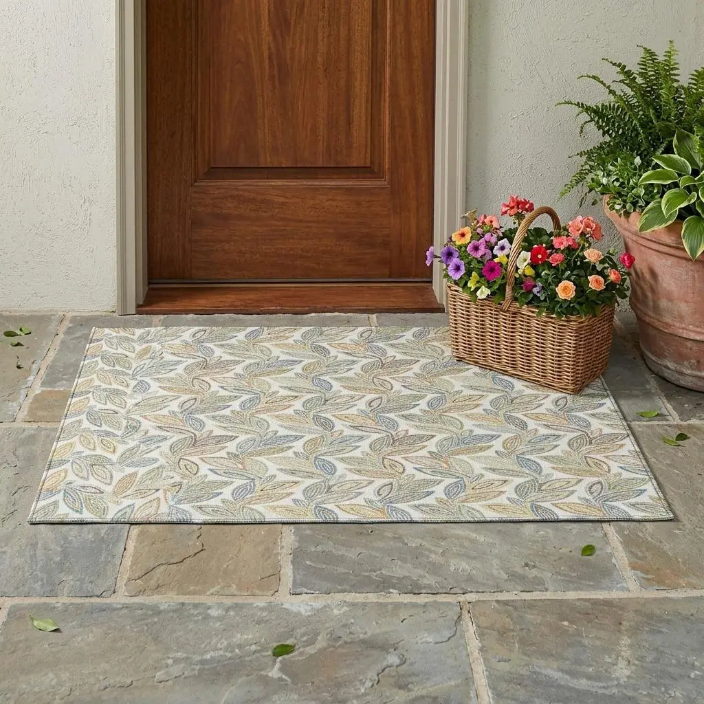 3' X 5' Ivory And Beige Botanical Leaves Washable Indoor Outdoor Area Rug Homeroots Outdoor