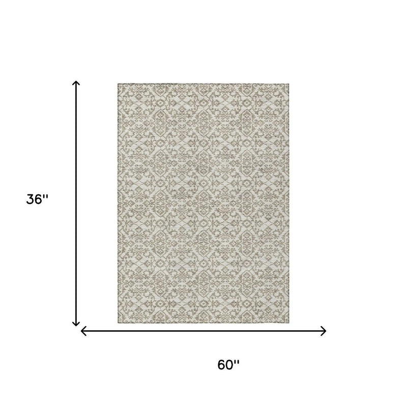3' X 5' Ivory And Beige Damask Washable Indoor Outdoor Area Rug Homeroots Outdoor