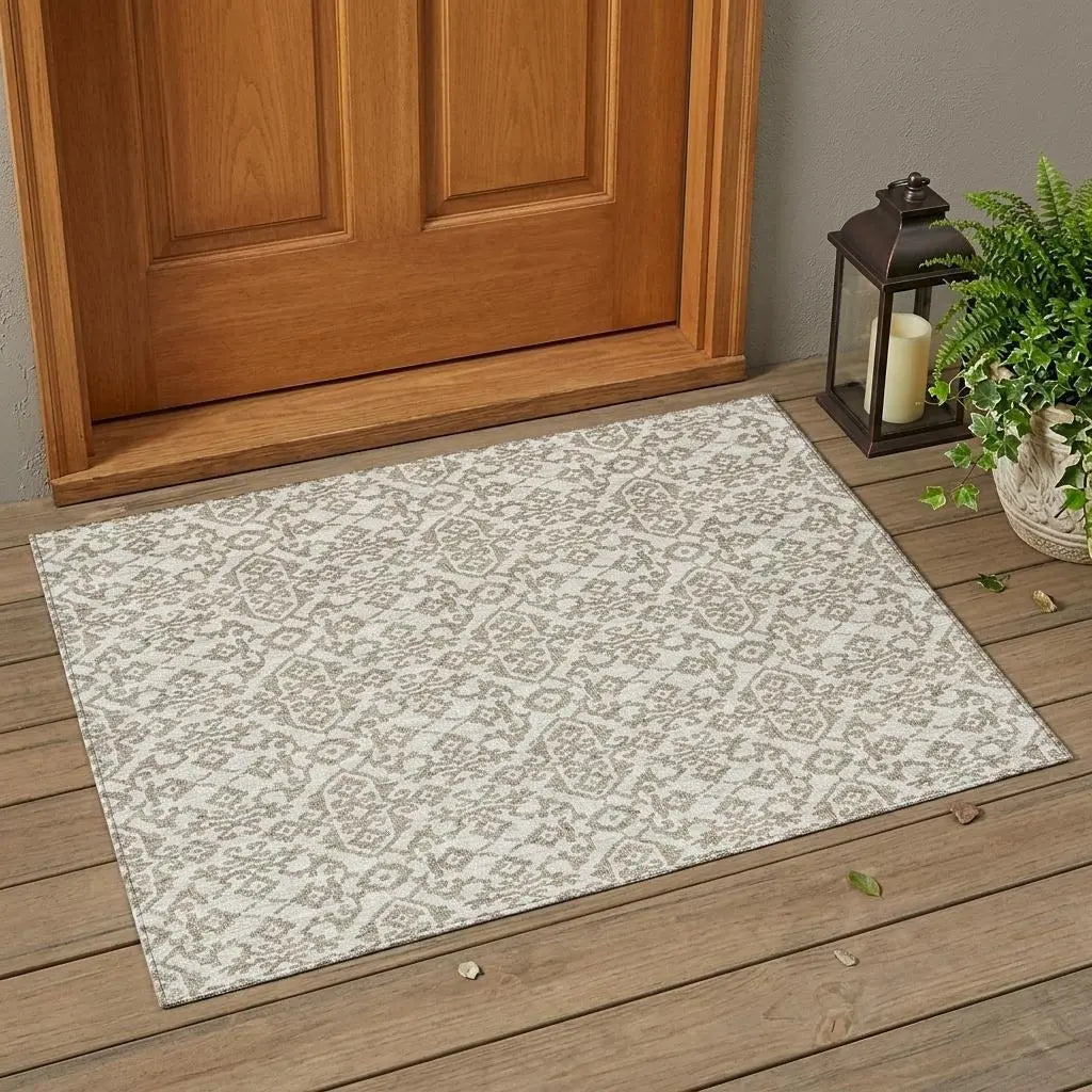 3' X 5' Ivory And Beige Damask Washable Indoor Outdoor Area Rug Homeroots Outdoor