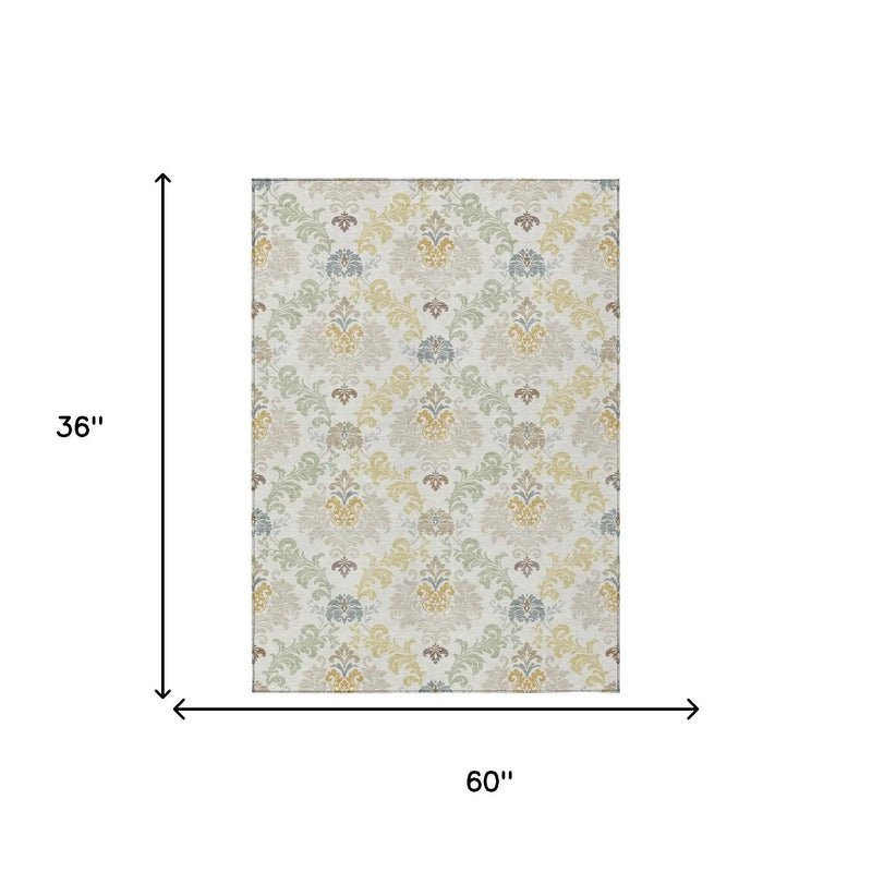 3' X 5' Ivory And Beige Damask Washable Indoor Outdoor Area Rug Homeroots Outdoor