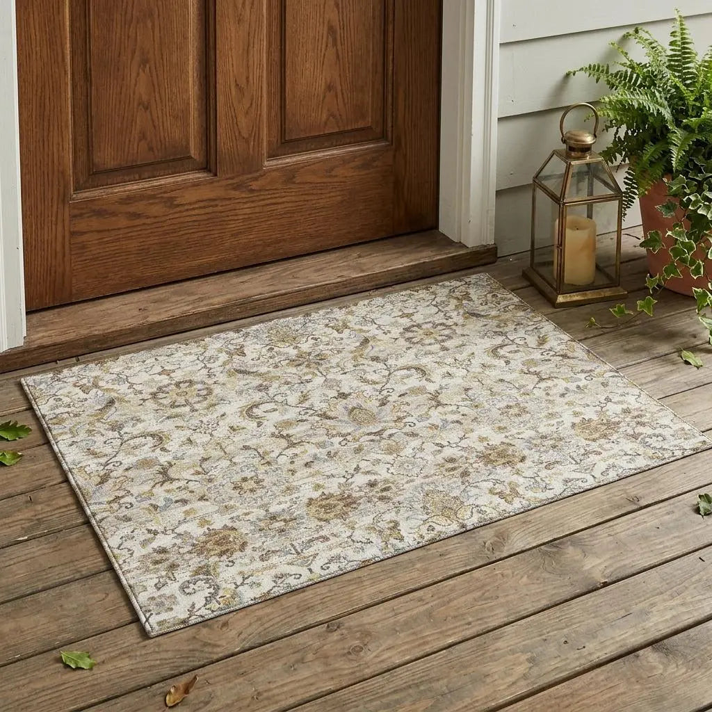 3' X 5' Ivory And Beige Floral Medallion Washable Indoor Outdoor Area Rug Homeroots Outdoor