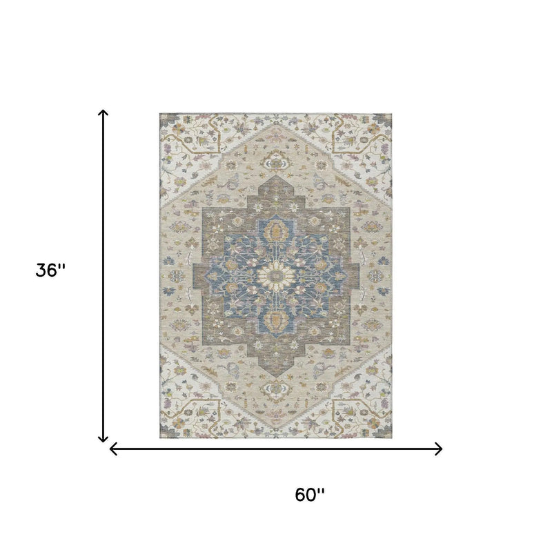 3' X 5' Ivory And Beige Floral Medallion Washable Indoor Outdoor Area Rug Homeroots Outdoor