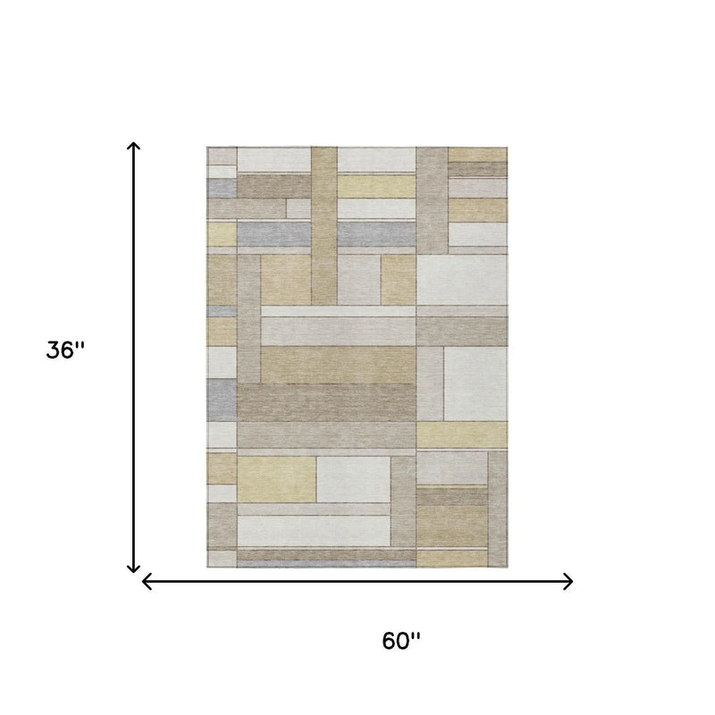 3' X 5' Ivory And Beige Geometric Washable Indoor Outdoor Area Rug Homeroots Outdoor