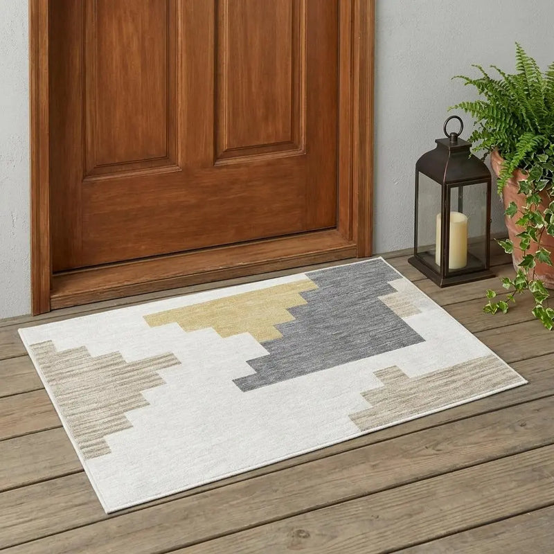 3' X 5' Ivory And Beige Geometric Washable Indoor Outdoor Area Rug Homeroots Outdoor