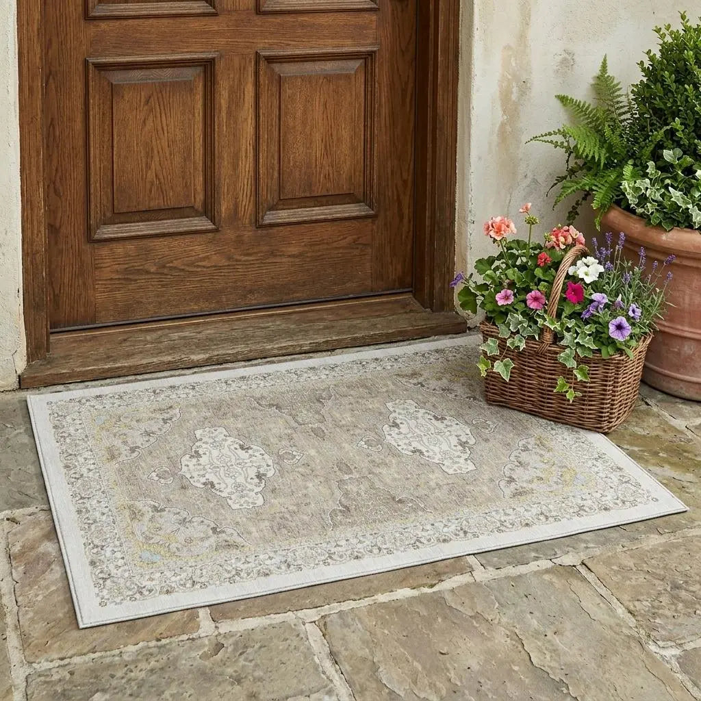 3' X 5' Ivory And Beige Oriental Washable Indoor Outdoor Area Rug Homeroots Outdoor