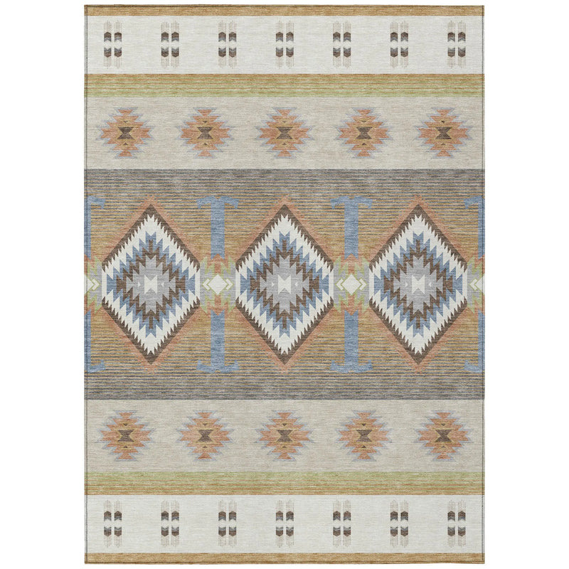 Multicolor geometric area rug in wool blend; features earthy tones, diamond patterns, and a contemporary tribal style.