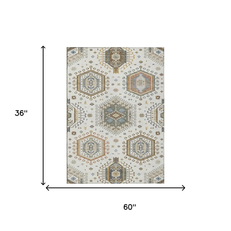 3' X 5' Ivory And Beige Tribal Washable Indoor Outdoor Area Rug Homeroots Outdoor