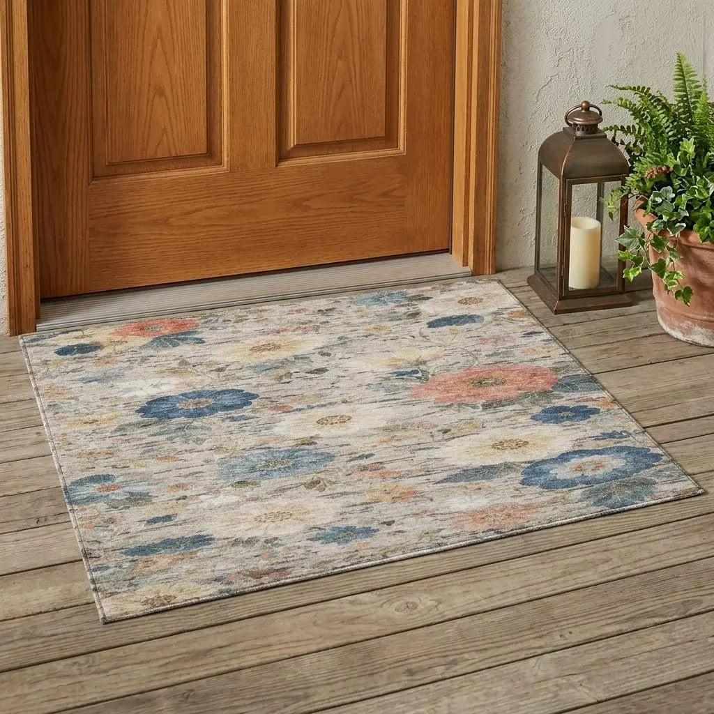 3' X 5' Ivory And Blue Floral Washable Indoor Outdoor Area Rug Homeroots Outdoor