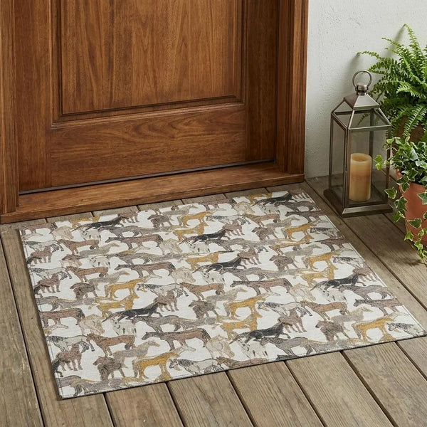 3' X 5' Ivory And Brown Horse Washable Indoor Outdoor Area Rug Homeroots Outdoor
