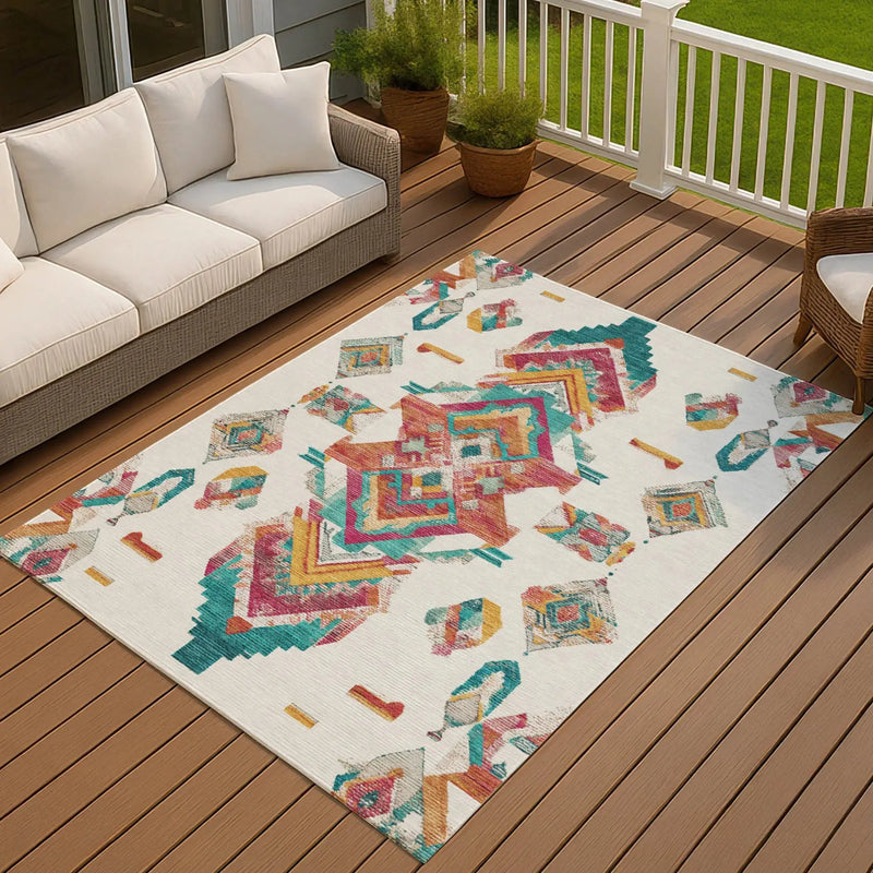 3' X 5' Ivory And Coral Tribal Washable Indoor Outdoor Area Rug Homeroots Outdoor