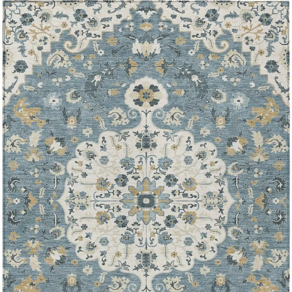 3' X 5' Ivory And Denim Blue Floral Medallion Washable Indoor Outdoor Area Rug Homeroots Outdoor