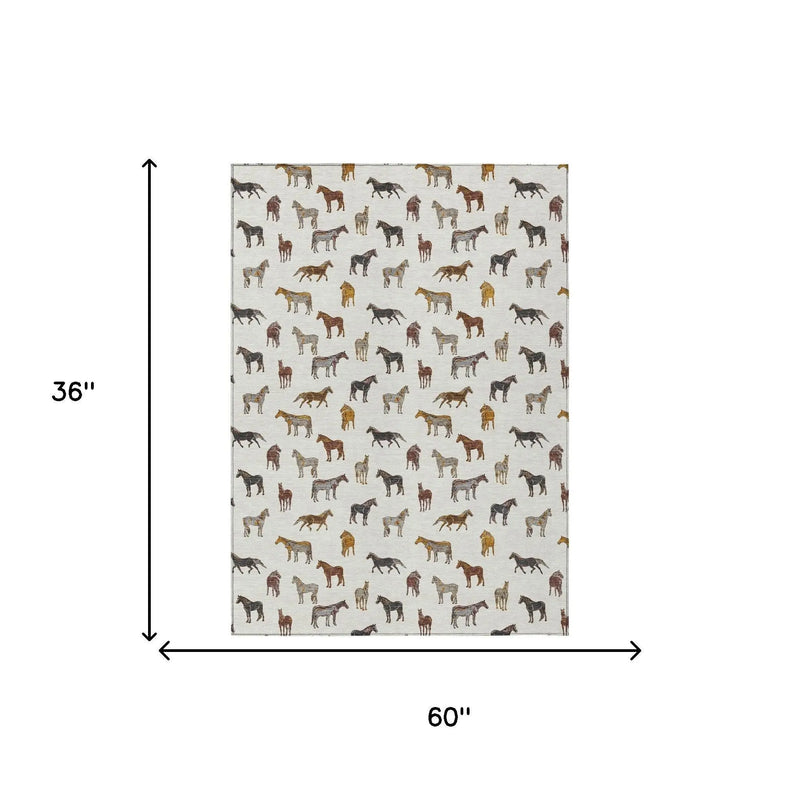 3' X 5' Ivory And Gold Horse Washable Indoor Outdoor Area Rug Homeroots Outdoor