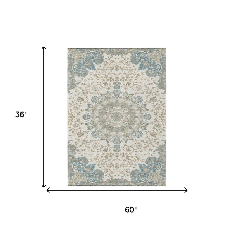 3' X 5' Ivory And Gray Floral Medallion Washable Indoor Outdoor Area Rug Homeroots Outdoor