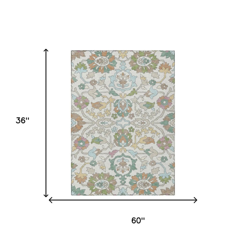 3' X 5' Ivory And Gray Floral Washable Indoor Outdoor Area Rug Homeroots Outdoor