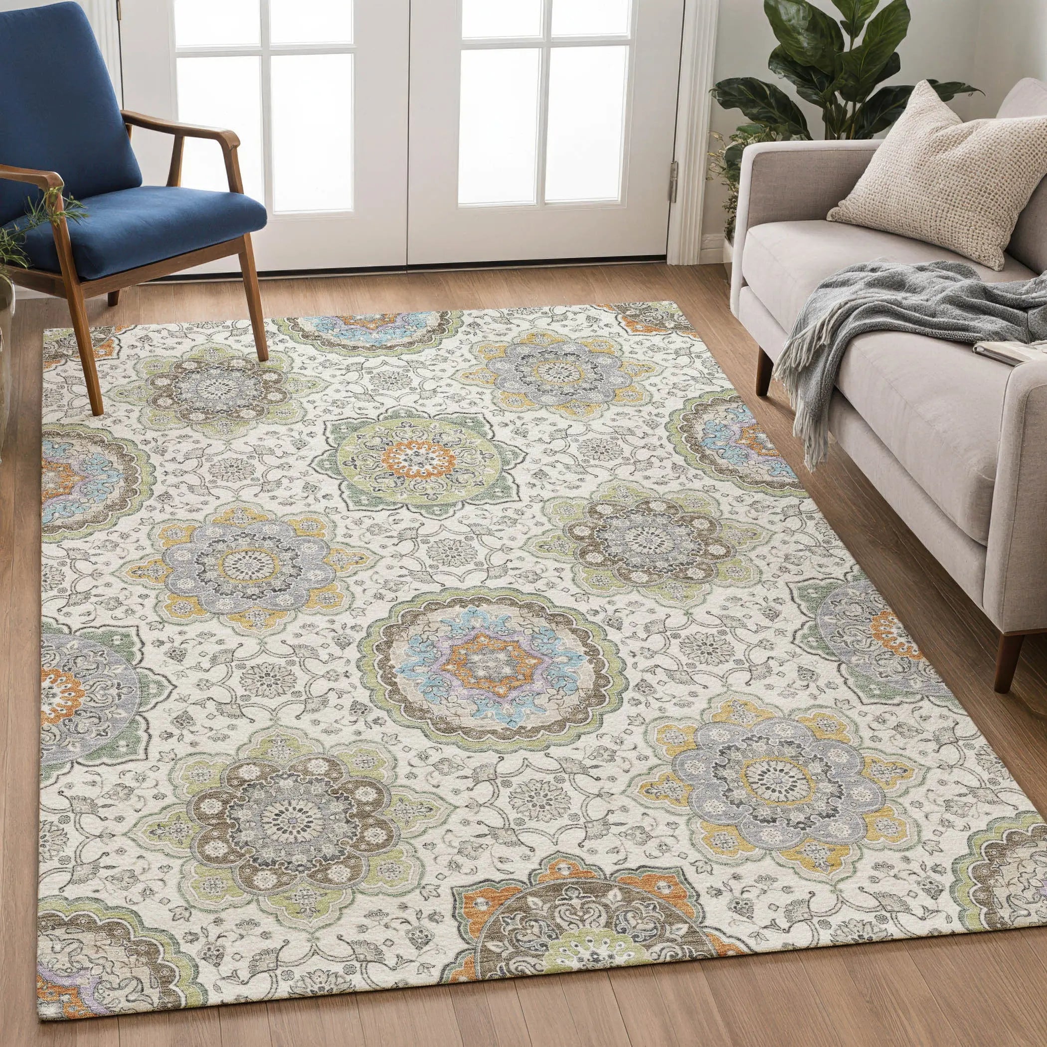 3' X 5' Ivory And Khaki Floral Medallion Washable Indoor Outdoor Area Rug Homeroots Outdoor