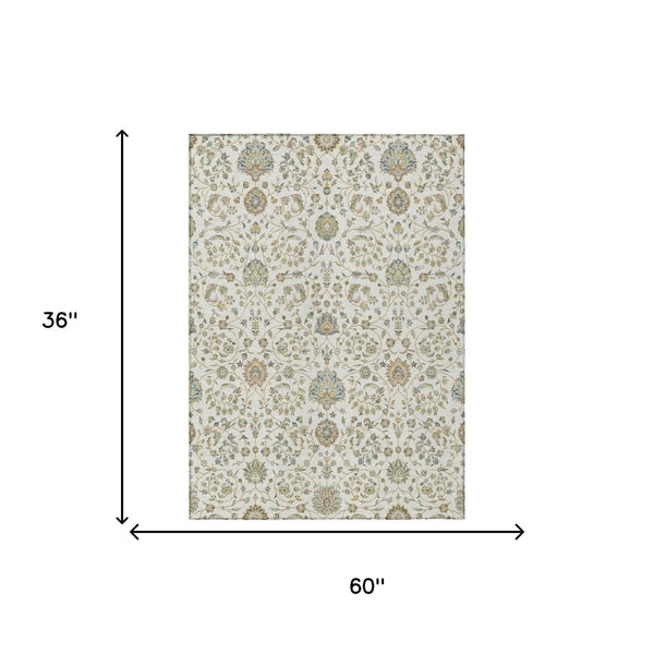 3' X 5' Ivory And Khaki Floral Washable Indoor Outdoor Area Rug Homeroots Outdoor
