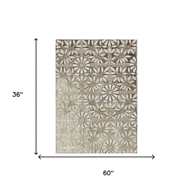 3' X 5' Ivory And Khaki Floral Washable Indoor Outdoor Area Rug Homeroots Outdoor
