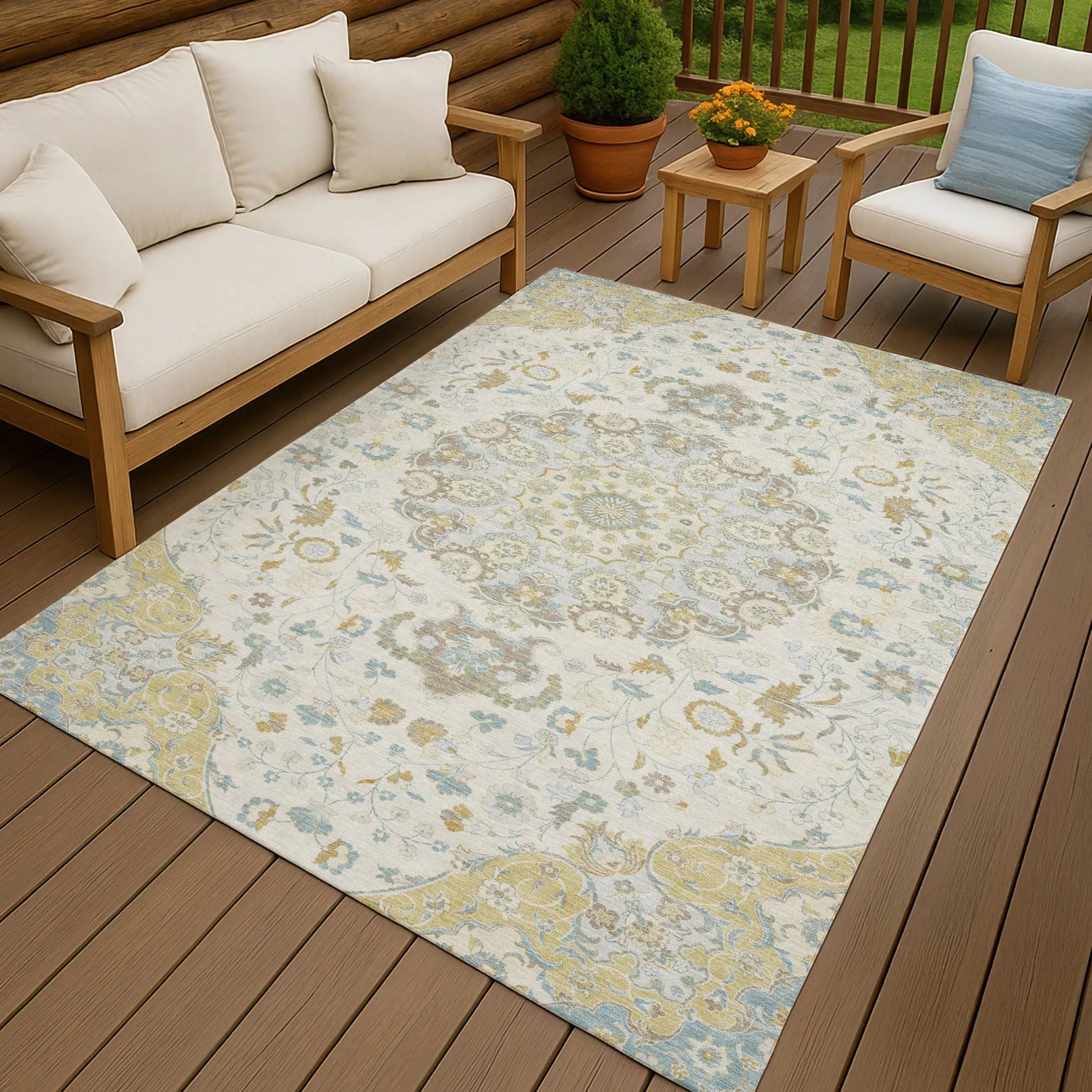 3' X 5' Ivory And Linen Damask Washable Indoor Outdoor Area Rug Homeroots Outdoor